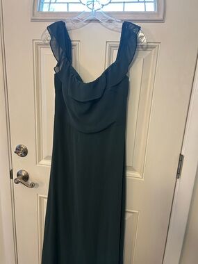 Bill Levkoff Dark Green Ruffle-Shoulder Maxi Dress